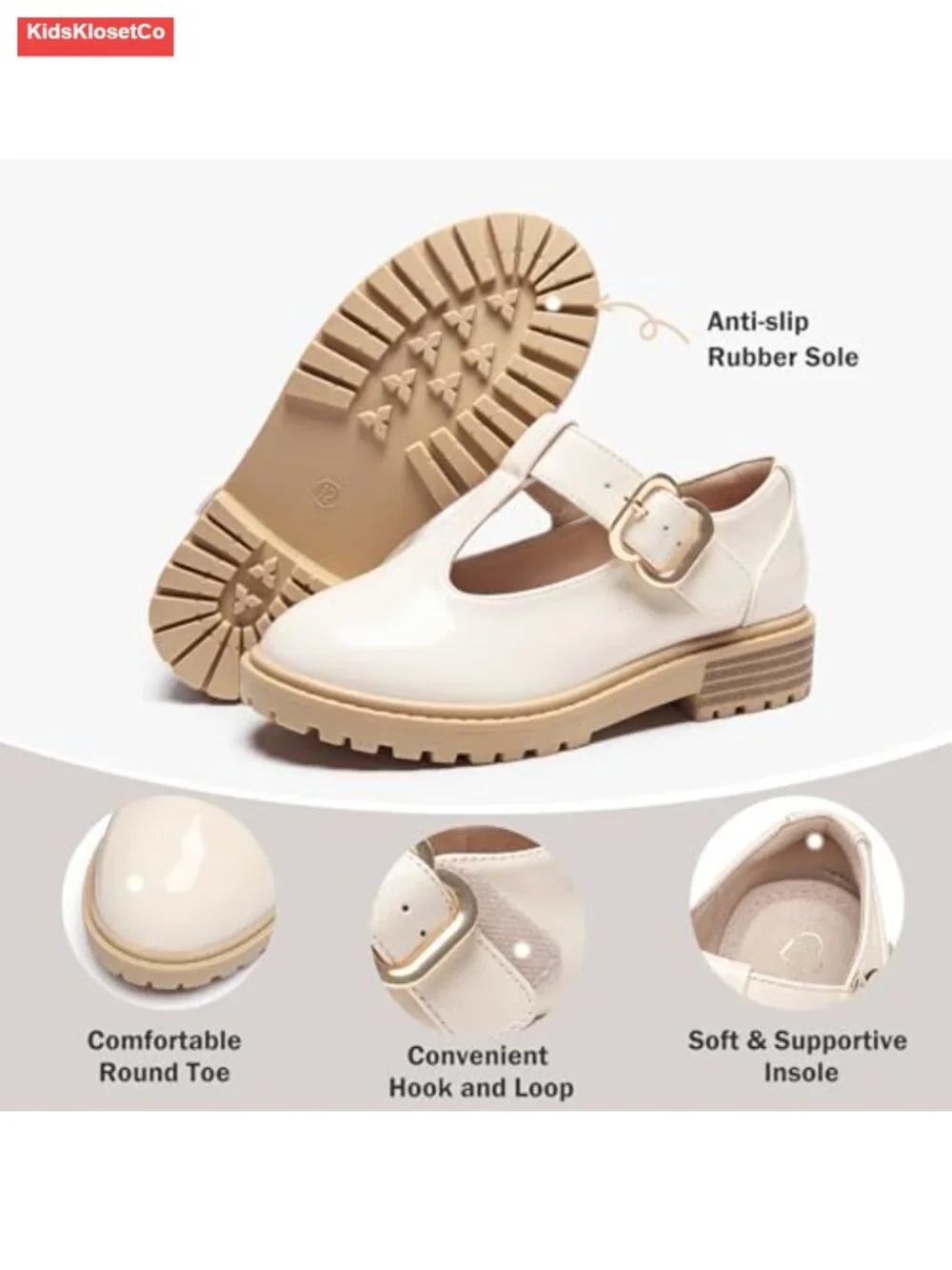 Girls Mary Jane School Shoes Chunky Heel T-Strap Flats Anti-Slip Uniform
